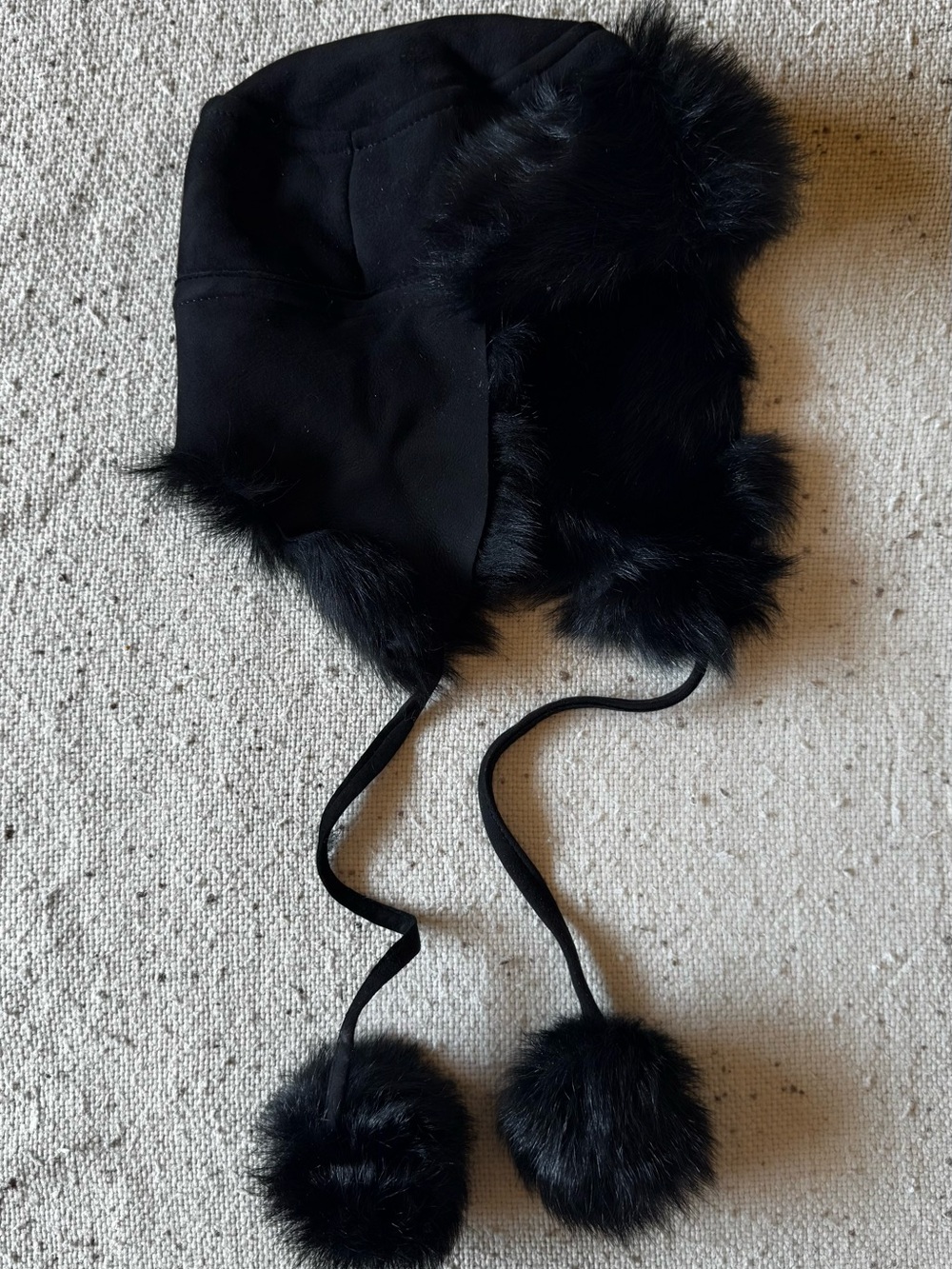 J.Crew Black Faux Fur Trapper Hat Pom Pom Ear Flaps Winter Y2K Style